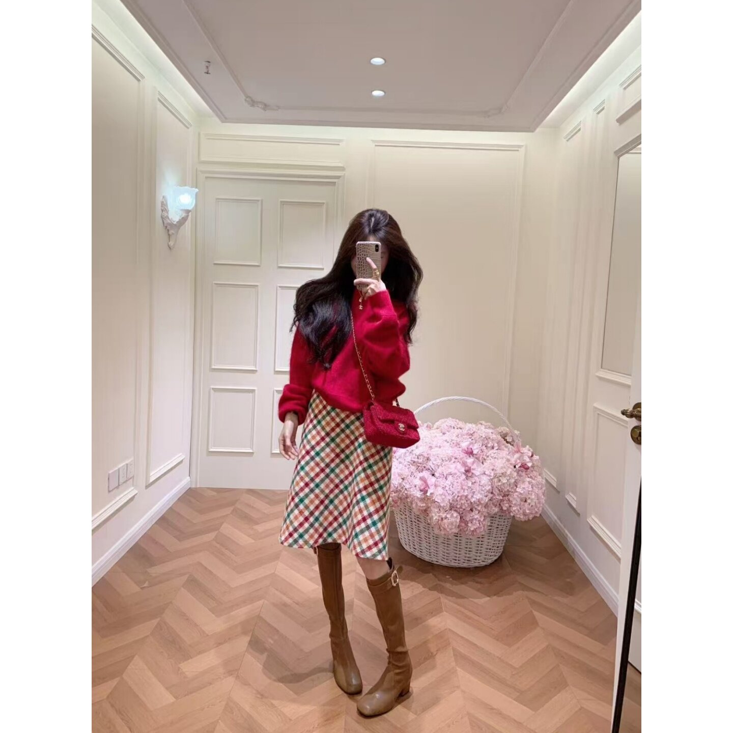 套装女2025新款韩系显白高级感红色针织毛衣女显瘦百搭格纹半身裙