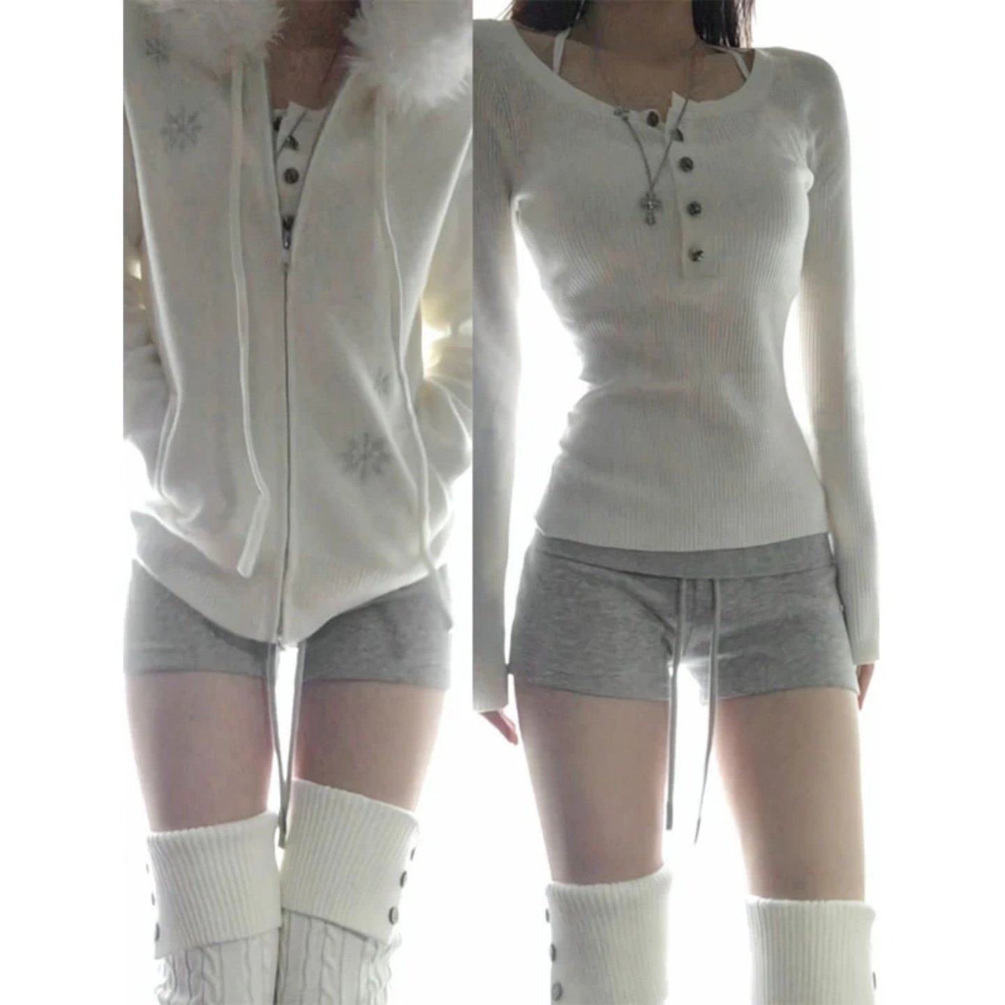 巨好看2026穿搭一整套纯欲圆领打底长袖上衣毛领针织外套休闲短裤,女装/女士精品,时尚套装,淘宝优惠券,粉丝福利购,淘宝优惠卷