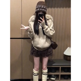 毛毛领宽松连帽针织衫 冬装 高腰显瘦蛋糕半身裙短裙 女2025新款 套装