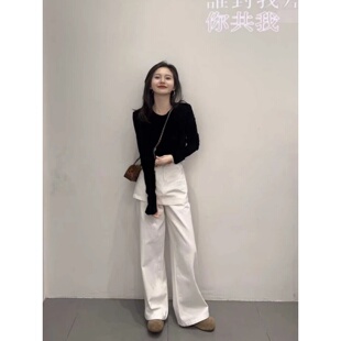 套装女2025新款通勤设计感纯色圆领修身长袖上衣显瘦屁帘阔腿裤子