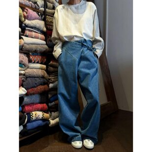 2026巨好看搭配一整套韩系慵懒风条纹拼接长袖上衣高腰绑带牛仔裤