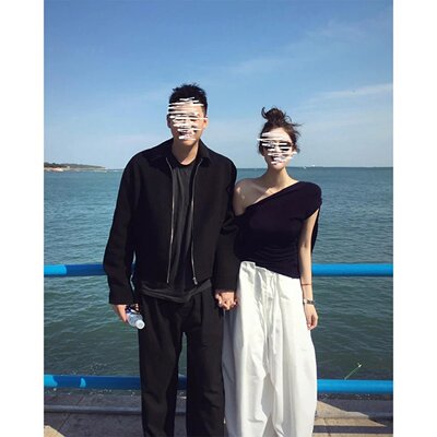 斜肩修身上衣高腰宽松阔腿休闲裤