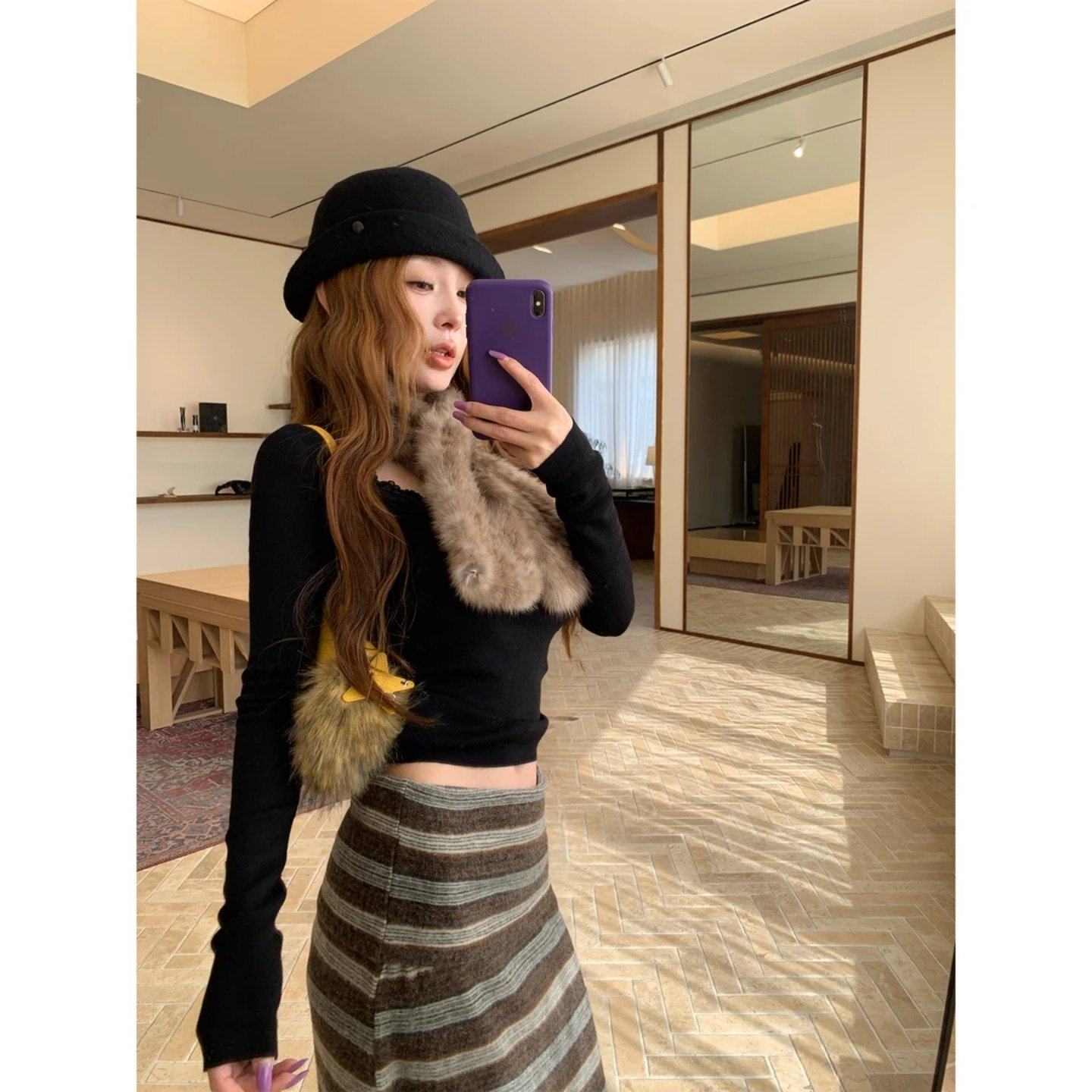 巨好看2026穿搭一整套蕾丝拼接圆领修身打底衫垂感条纹针织半身裙