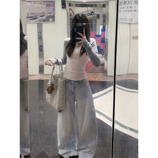 2026巨好看搭配一整套韩系假两件坎肩修身长袖上衣显瘦宽松牛仔裤