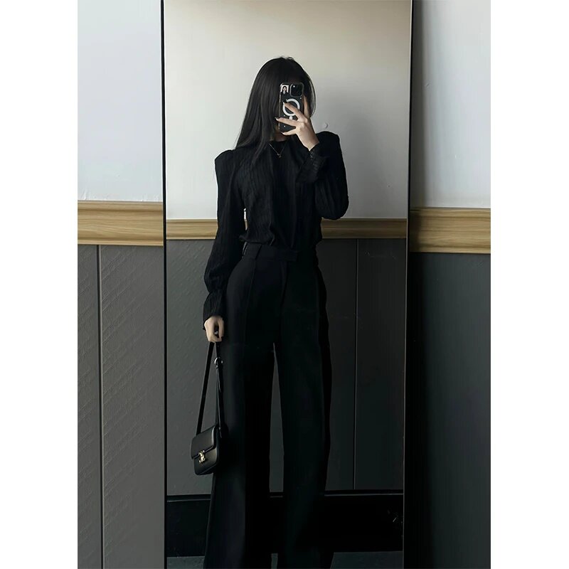 秋冬2026年黑色长袖立领衬衫女打底衫上衣高腰修身显瘦西装裤套装
