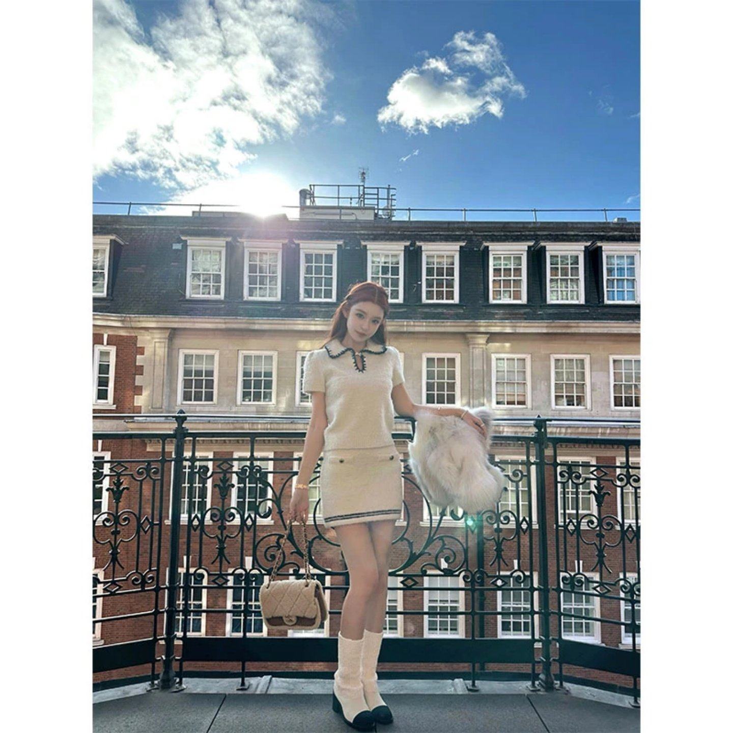 2026巨好看搭配一整套小香风撞色翻领气质短袖针织衫显瘦半身裙