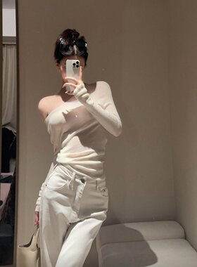斜领露肩针织上衣高腰显瘦休闲裤