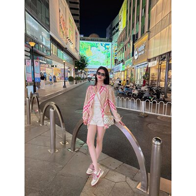 格纹衬衫上衣高腰显瘦休闲短裤子