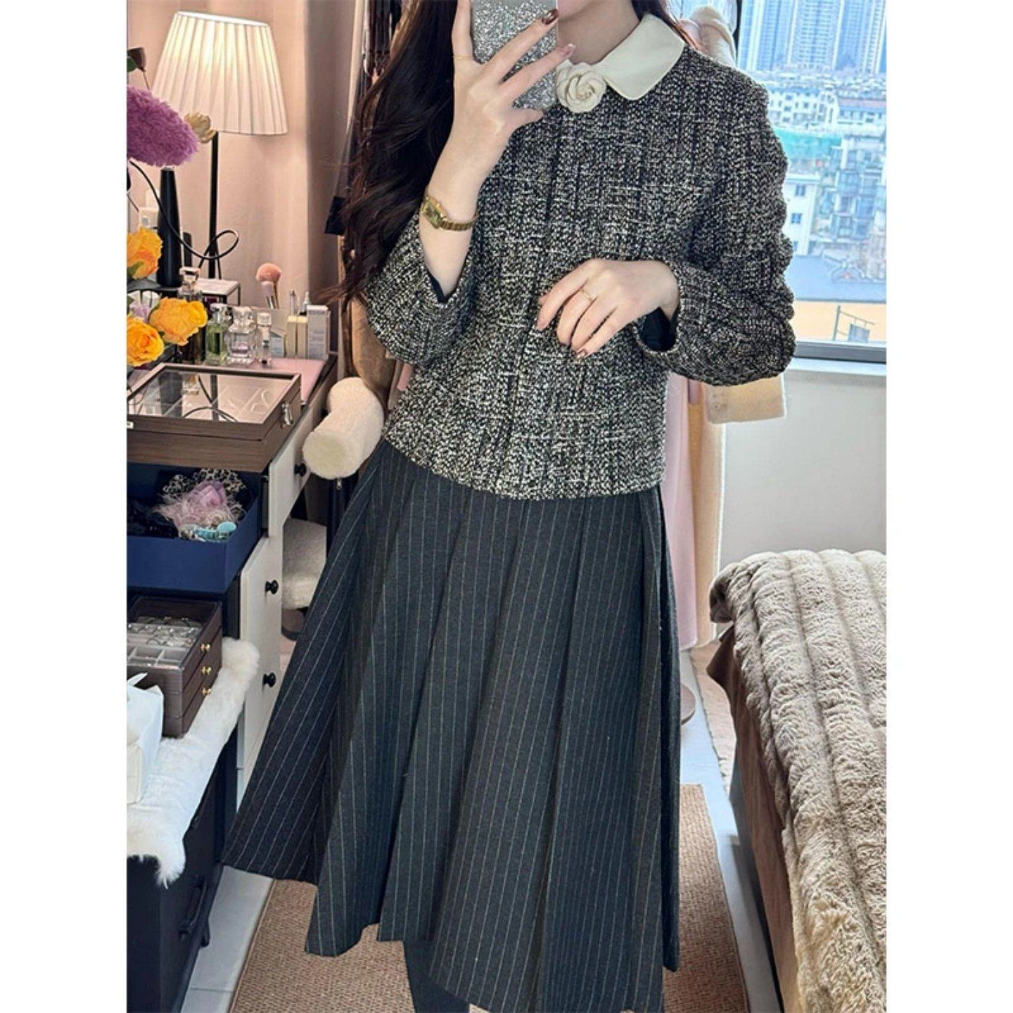 巨好看2026穿搭一整套富家千金粗花呢收腰外套高腰显瘦百褶半身裙