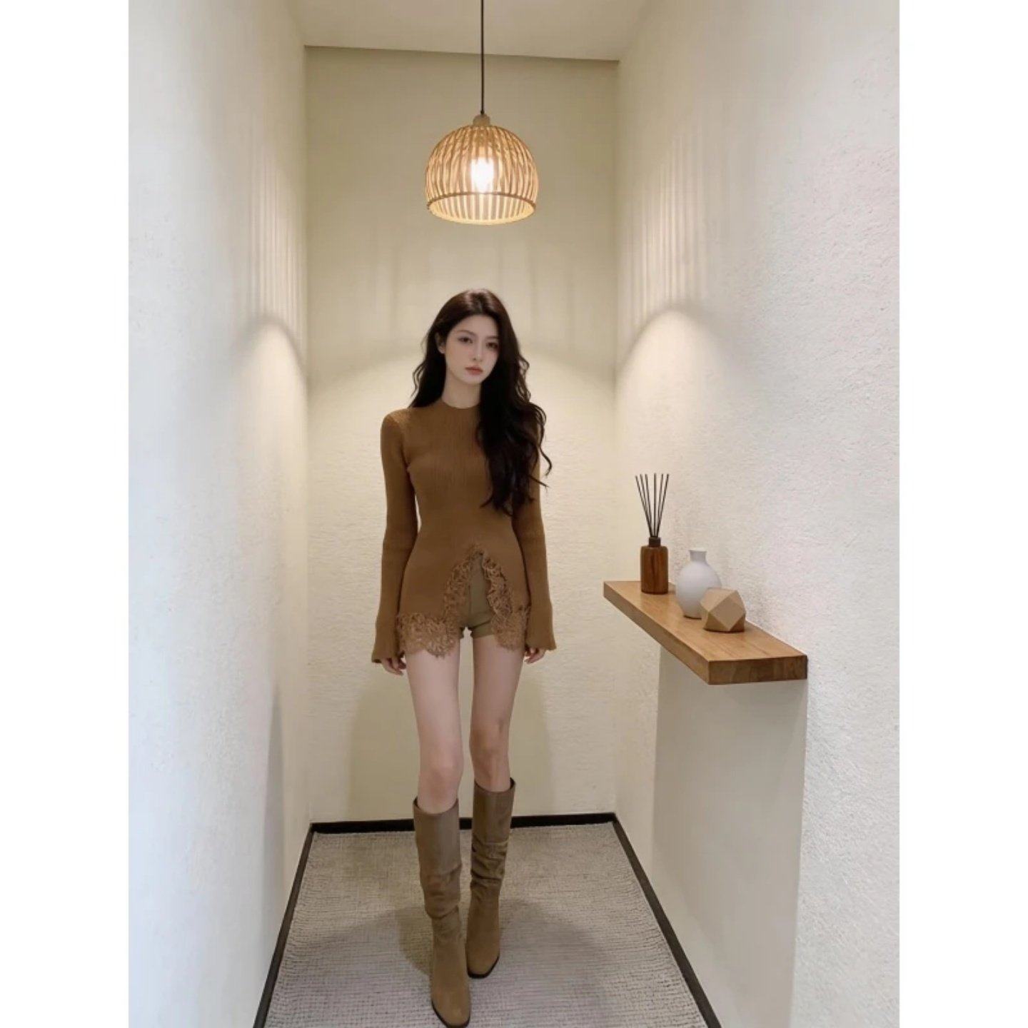 2026巨好看搭配一整套减龄不规则蕾丝拼接针织衫显瘦百搭短裤子