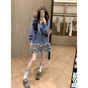 韩系气质减龄格纹衬衫连衣裙2026正流行新款宽松显瘦百搭V领短裙