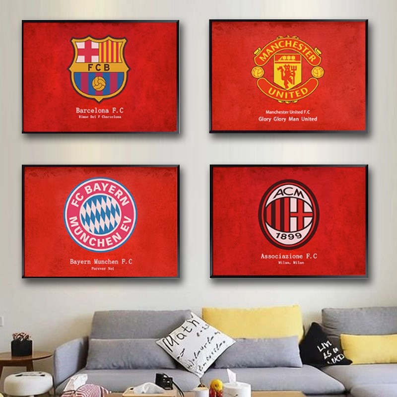 曼联足球队标志拜仁队徽巴塞罗那装饰画皇马米兰客厅咖啡厅挂画