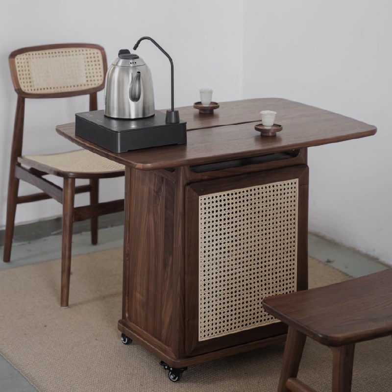移动实木阳台桌小户型茶几北美黑胡桃木客厅小茶桌带轮移动茶台
