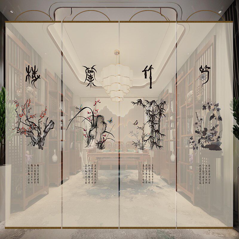 半透梅兰竹菊双面透景屏风纱中式卷帘隔断帘挂帘水墨窗帘透光纱