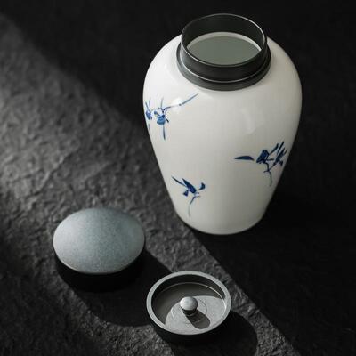 茶纯手绘蝴蝶兰叶罐陶瓷普23.7.22-洱茶罐密封罐家中式茶存叶储用