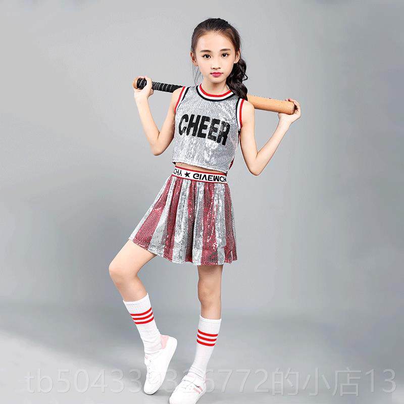 高档六啦一儿童爵士舞演出服现代舞蹈服亮片啦操装幼儿啦队表演服