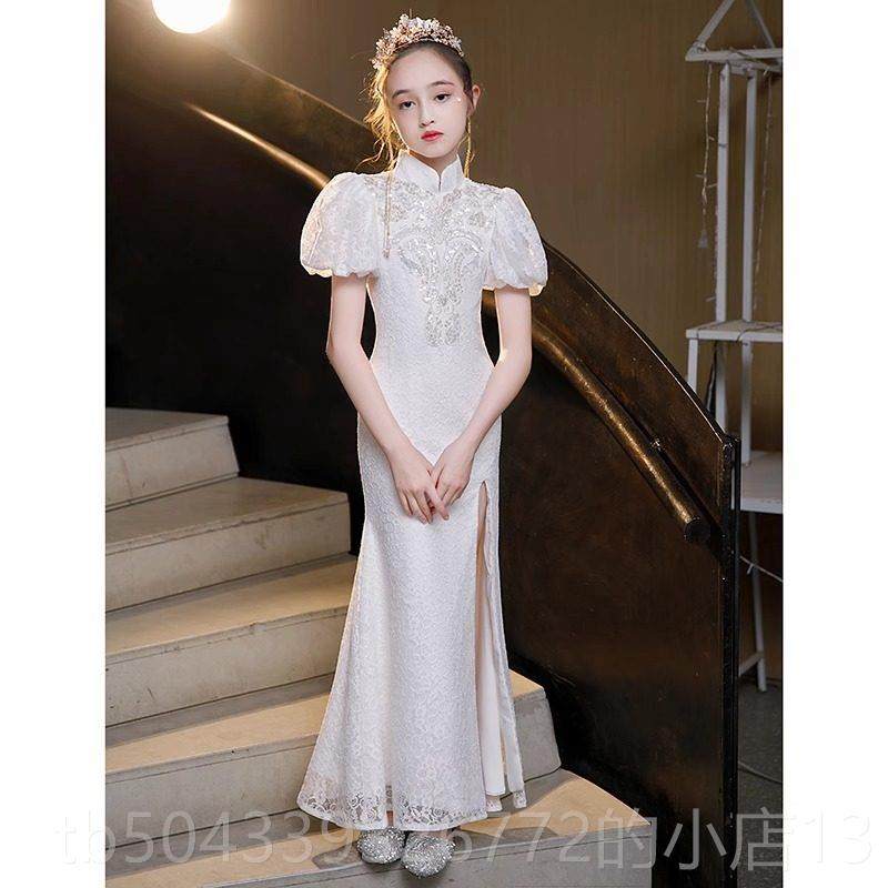 高档女白色童国旗袍2025新款儿童中风改版主持人小女孩古筝演出良