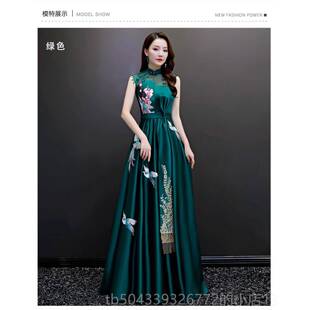 高档旗气袍式 领优刺雅大大摆裙成人仪主持人绣婚礼多色系带表演服