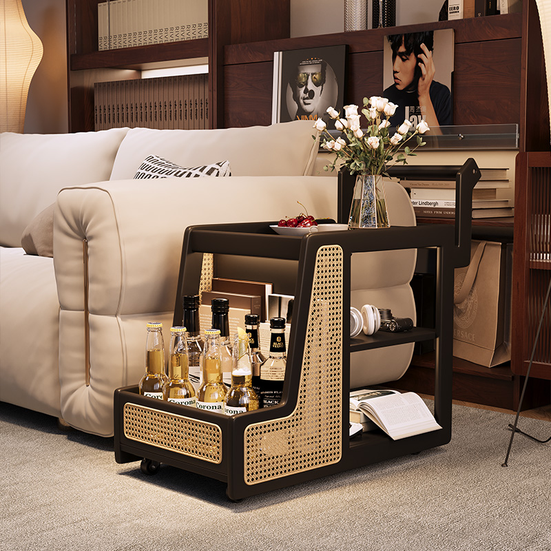 黑色边几小推车可移动实木茶几桌家用带轮旋转客厅沙发旁边的边柜