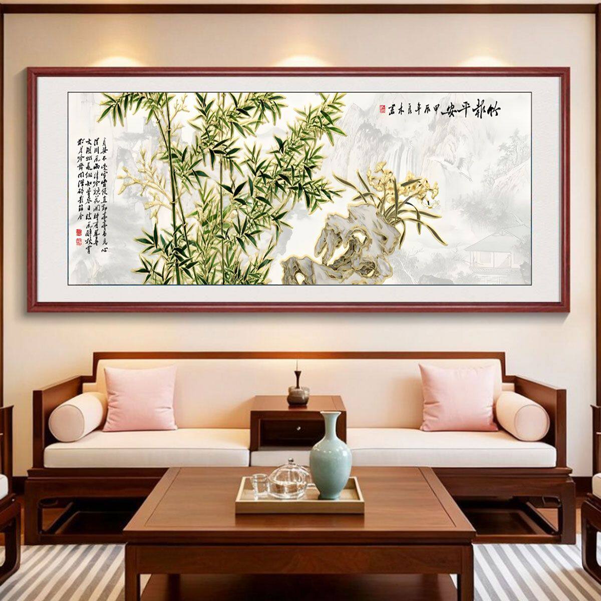 浮雕描金竹报平安挂画客厅沙发茶室背景墙装饰画国画水墨国风竹子