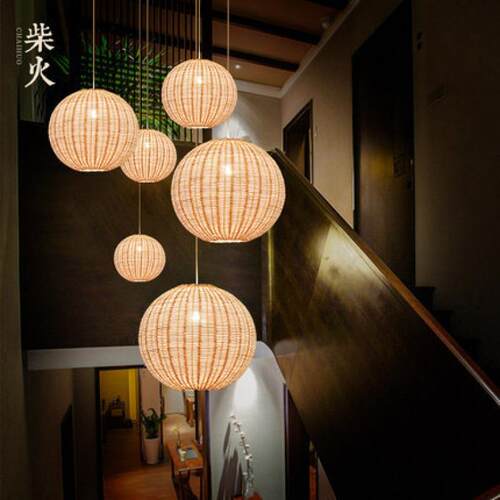 日式吊灯东南亚创意个性田园复古圆形藤编茶室餐厅灯藤艺中式吊灯