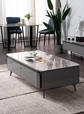 新款灰色亮光岩板茶几电视柜组合小户型可伸缩现代简约风实木轻奢