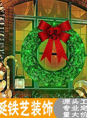 铁艺金属圣诞LED发光花环圣诞灯光花圈绿色白色金色花环装饰