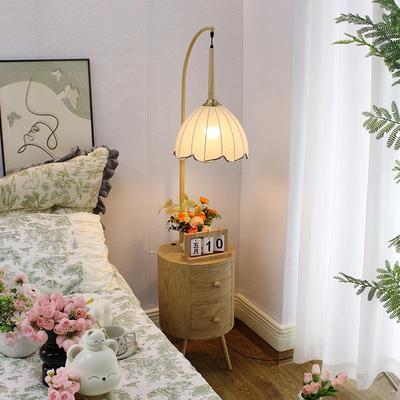 奶油风卧室落地灯客厅沙发边几置物架一体原木色床头柜茶几台灯