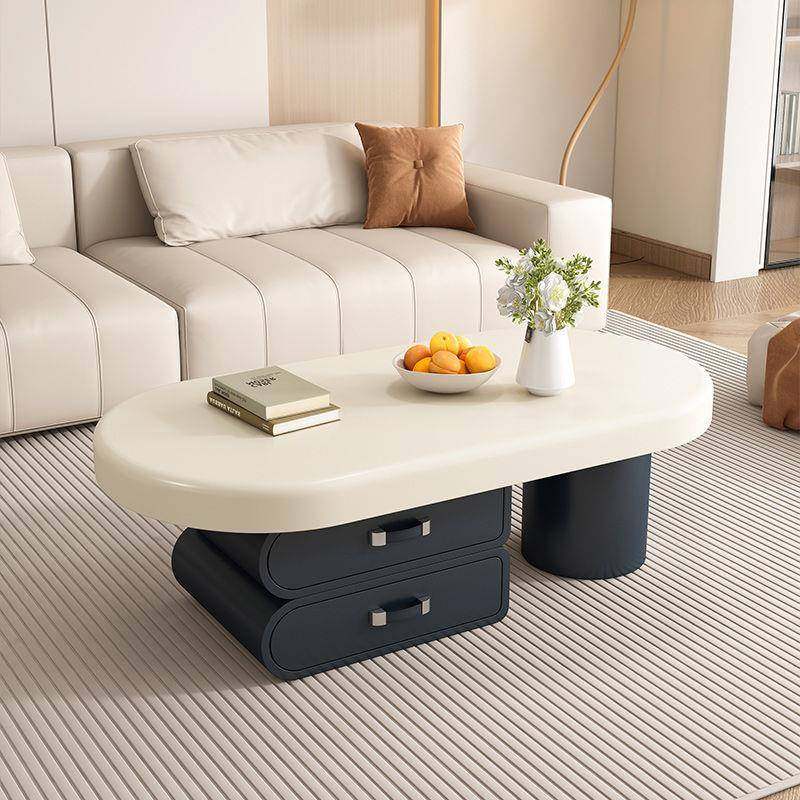 简约现代奶油式客家用茶几带柜椭圆茶AVA桌小户形型意人造厅板