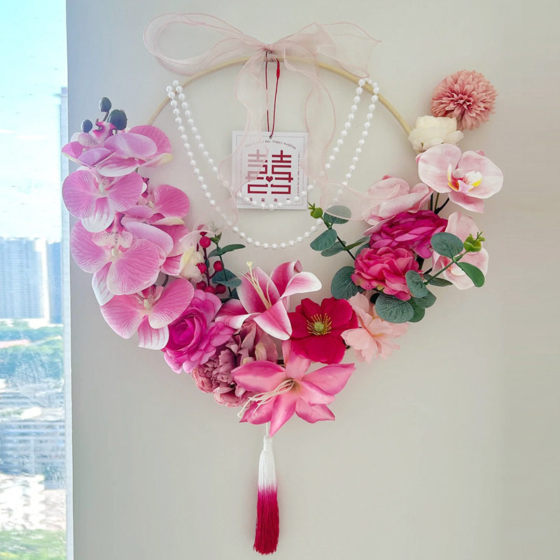 婚房喜字立体仿真花环挂件