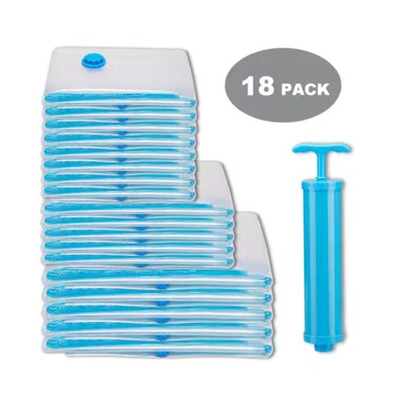 亚马逊热卖18件套送手泵真空收纳袋衣服棉被抽气透明旅行压缩袋