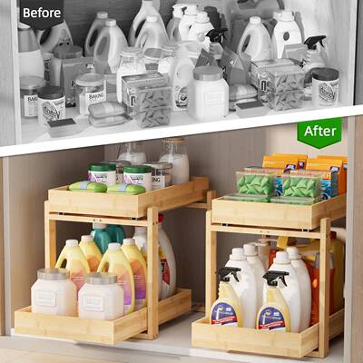 境热销厨收房下跨水槽纳双层竹纳制杂AYH-5013物收抽拉式收纳架