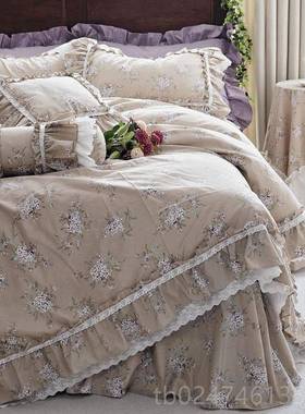 正品韩式美式小叶新白底小花荷边蕾丝全棉床裙式碎床上用品四清件