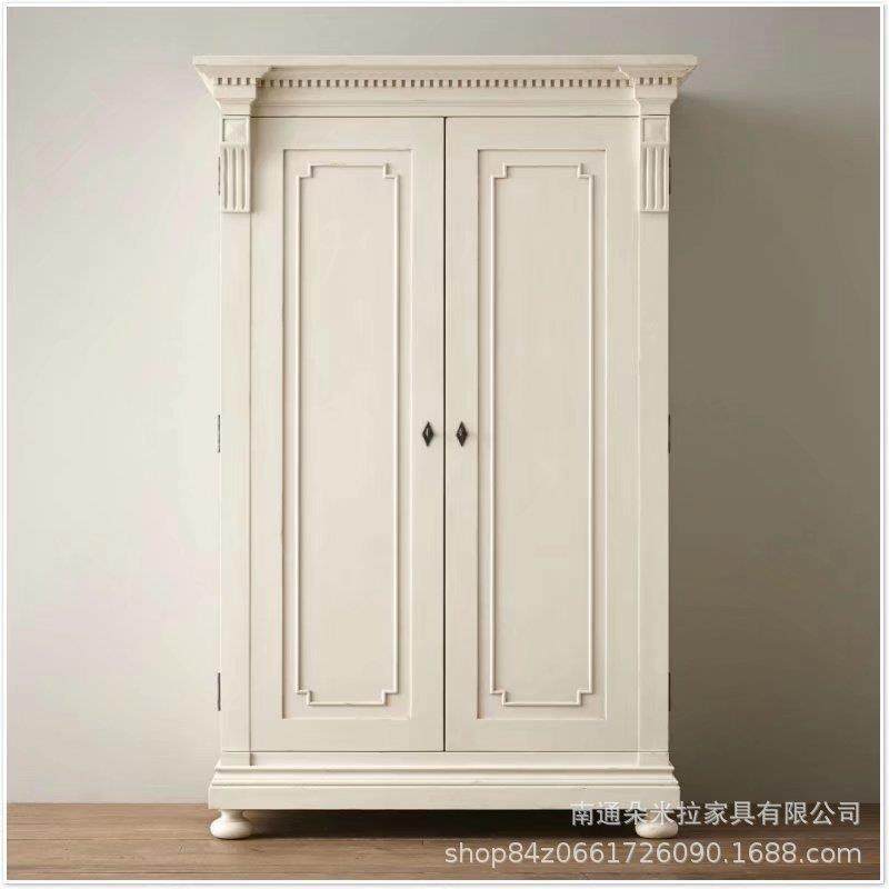 美式实木衣柜白色双开门复古橡木衣橱卧室轻奢雕花衣橱
