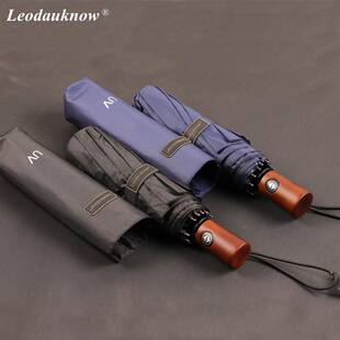 Leodauknow十骨防风商务伞木手柄三折叠全自动雨伞黑胶防晒伞男