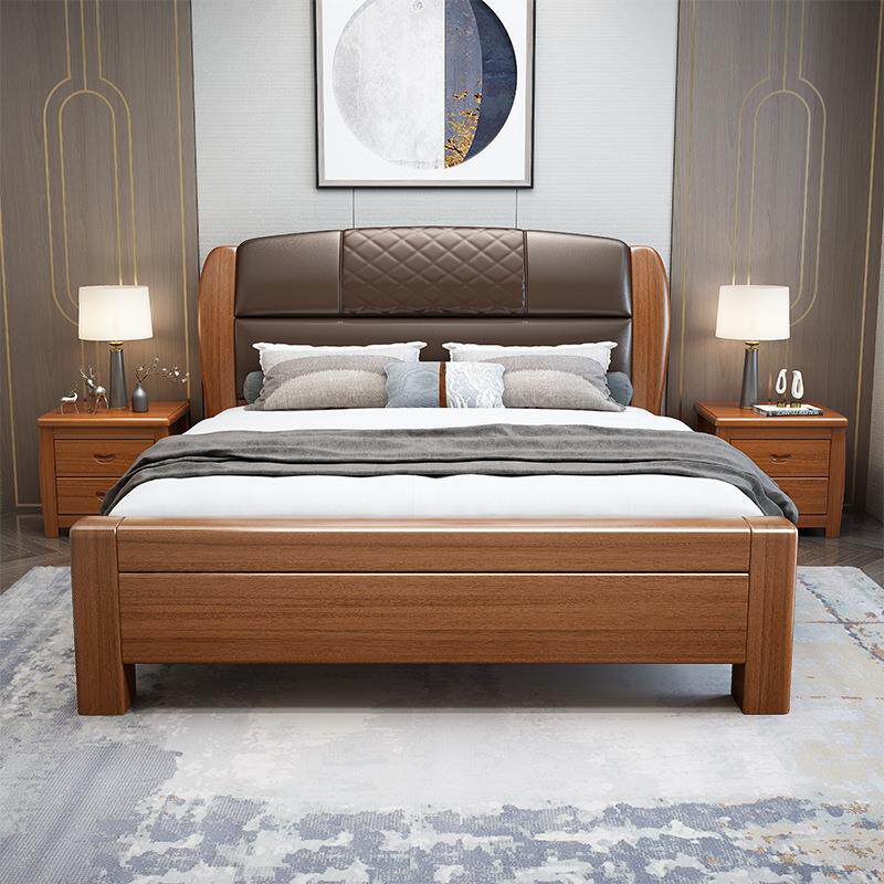 胡桃木实木床现代中式轻奢软靠软包主卧婚床核桃木1.8/1.5米米双