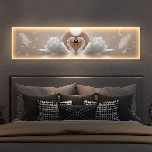 现代轻奢卧室床头装饰壁画横幅LED灯画天鹅婚房主卧房间客厅挂画
