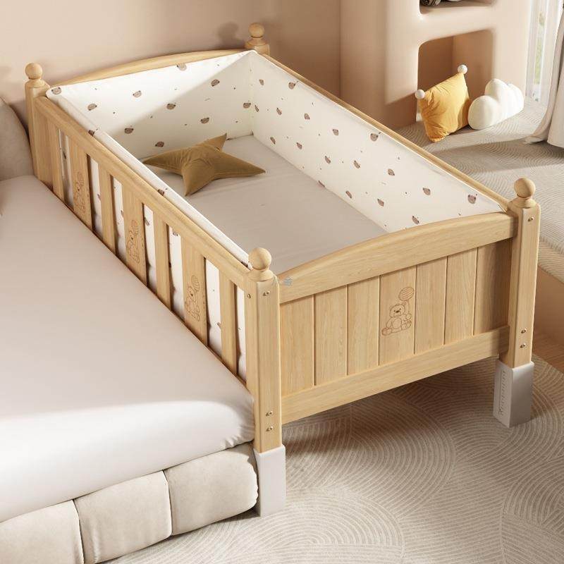 儿童床实木婴儿拼接大床男女孩可调节高度单人床边加宽带护栏小床