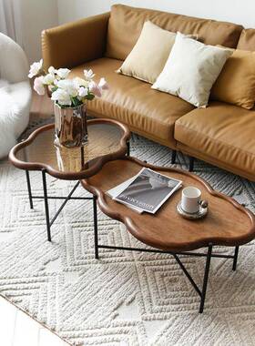 YG-5686A胡桃木色云朵不规则中古茶几小户型创意法式沙发边几复古