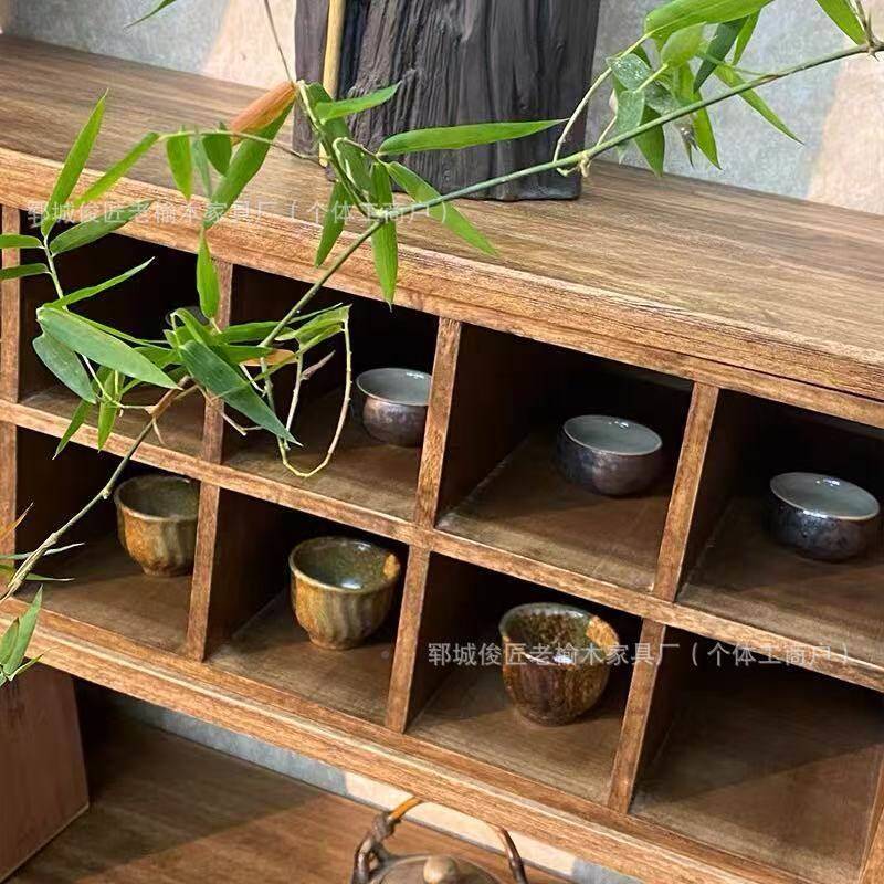 置老榆木收多格物架AGN墙上纳架实木榫卯格茶具收纳展示壁挂子架