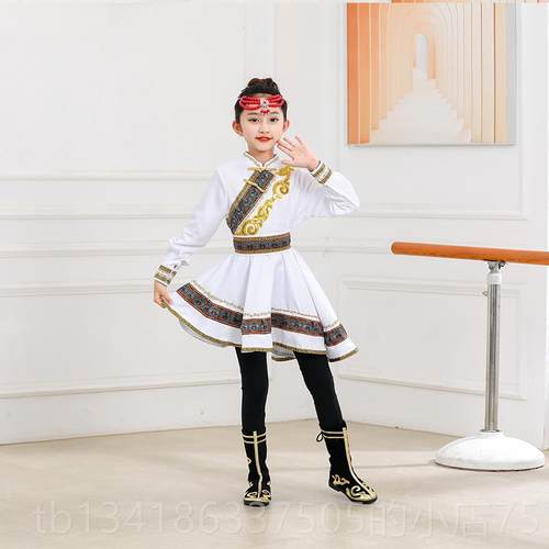 正品新款儿童表演白演出服装蒙古舞女童少数马民族服蒙古族筷子蹈
