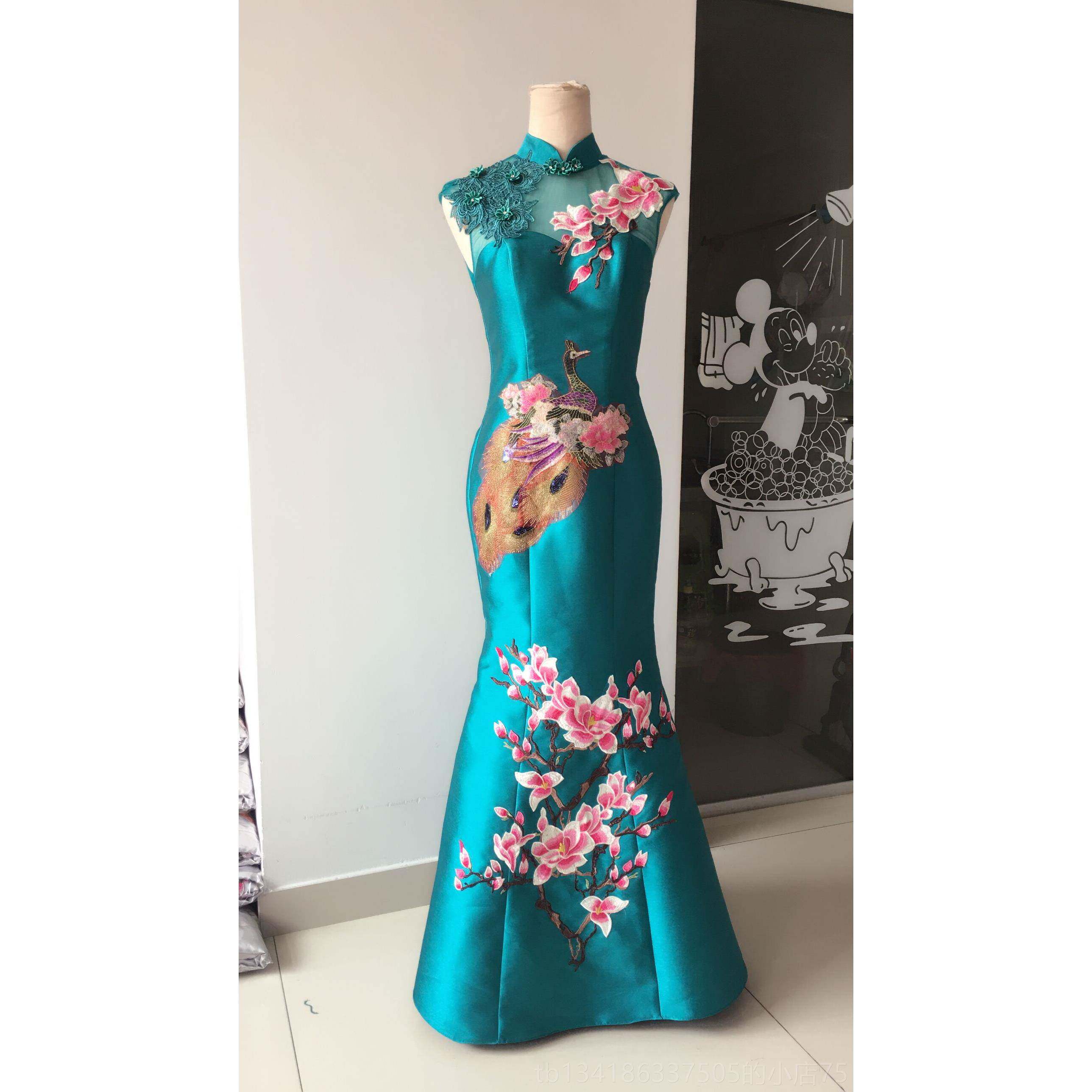 正品024新2改良旗袍鱼尾裙晚礼服长款复古刺绣新娘酒敬服女款修身