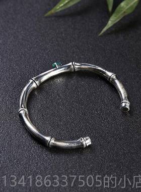 正品情手镯女复古中国风做旧竹实心知足常乐平安999银纯银侣手镯