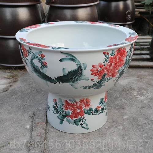 新款德镇睡瓷鱼缸落地立柱式客厅特大吸景水石盆陶乌龟缸莲碗莲盆