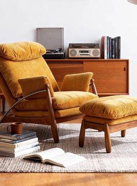 复古人沙发椅别室墅客厅阳FLP台卧宿单接待区域黄色灯芯绒民休闲