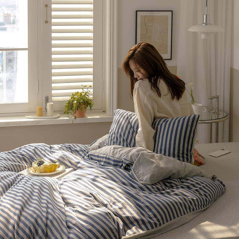 竺天棉裸睡全棉四床件套简约条纹针织棉棉被套床笠纯床单上NDP用