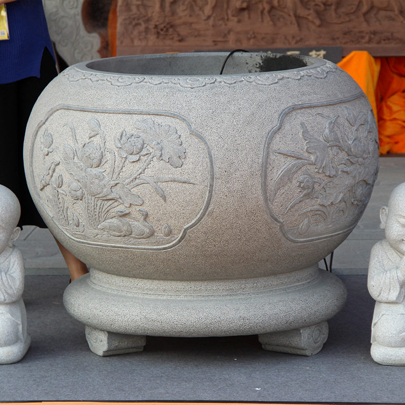 中式仿古青石雕荷花鱼圆缸