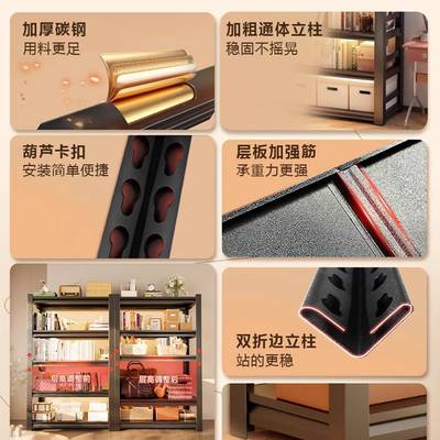 家多用钢制书架简易层置落一体靠墙物书柜PRT客厅收纳架子钢地制