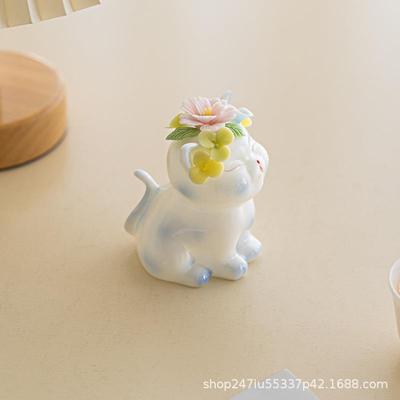 创意工个性手居可爱猫咪陶瓷桌面摆AIU件家饰客厅玄关卡通花朵装