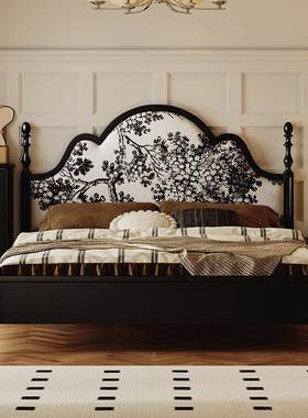 法式复古卧室1.米实床木双人床美式8轻奢简DMB约黑色软包主卧中古